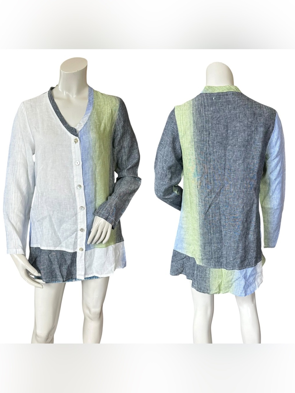 Flax Blue Green White 100% Linen Button Down Tunic Top Colorblock Size P (4/6)